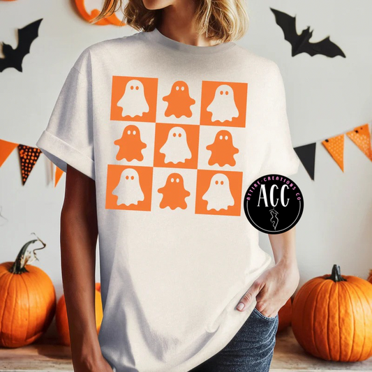 Cute Ghost Checkerboard Halloween Shirt, Spooky Fall Graphic Tee