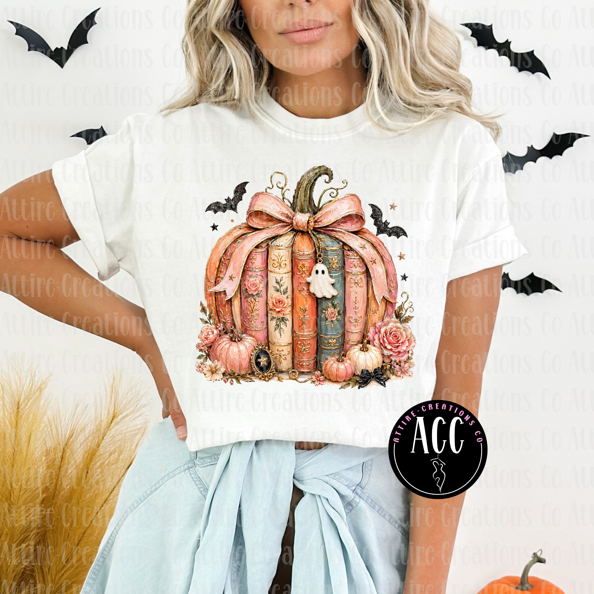 Pumpkin Book with Bats Halloween Graphic T-Shirt