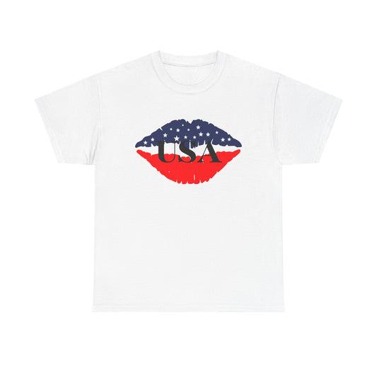 USA Kiss Print Unisex Heavy Cotton Tee, Patriotic T-Shirt, Fourth of July Apparel, Summer Fashion, Gift for Her/Him