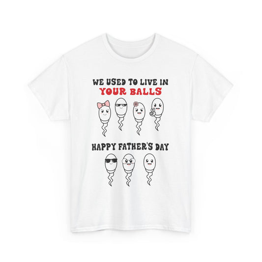 Funny Father's Day Tee - We Used to Live in Your Balls, Dad Gift, Humorous T-Shirt, Joke Shirt, Unisex Cotton Tee, Parenting Humor