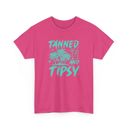Tanned and Tipsy Unisex Heavy Cotton Tee | Summer Vibe Shirt, Beach Wear, Vacation Outfit, Gift for Party Lovers, Fun Graphic Tee