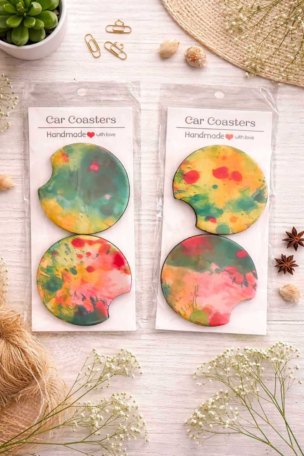 Paint Splatter Car Coasters – Unique handmade set