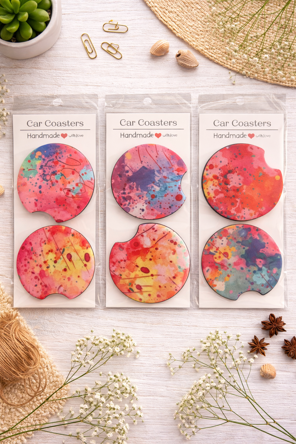 Paint Splatter Car Coasters – Unique handmade set - Attire - Creations Co