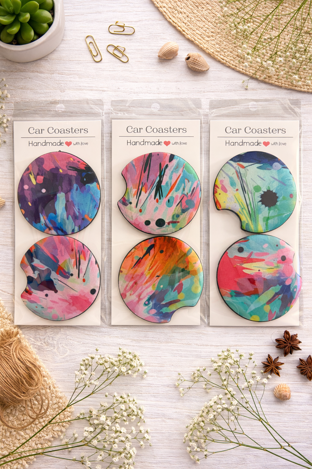 Paint Splatter Car Coasters – Unique handmade set - Attire - Creations Co