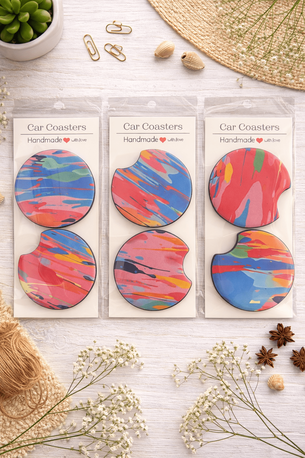 Paint Splatter Car Coasters – Unique handmade set - Attire - Creations Co