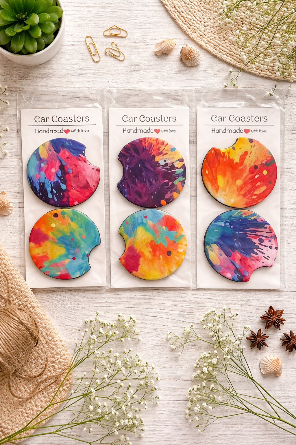 Paint Splatter Car Coasters – Unique handmade set - Attire - Creations Co