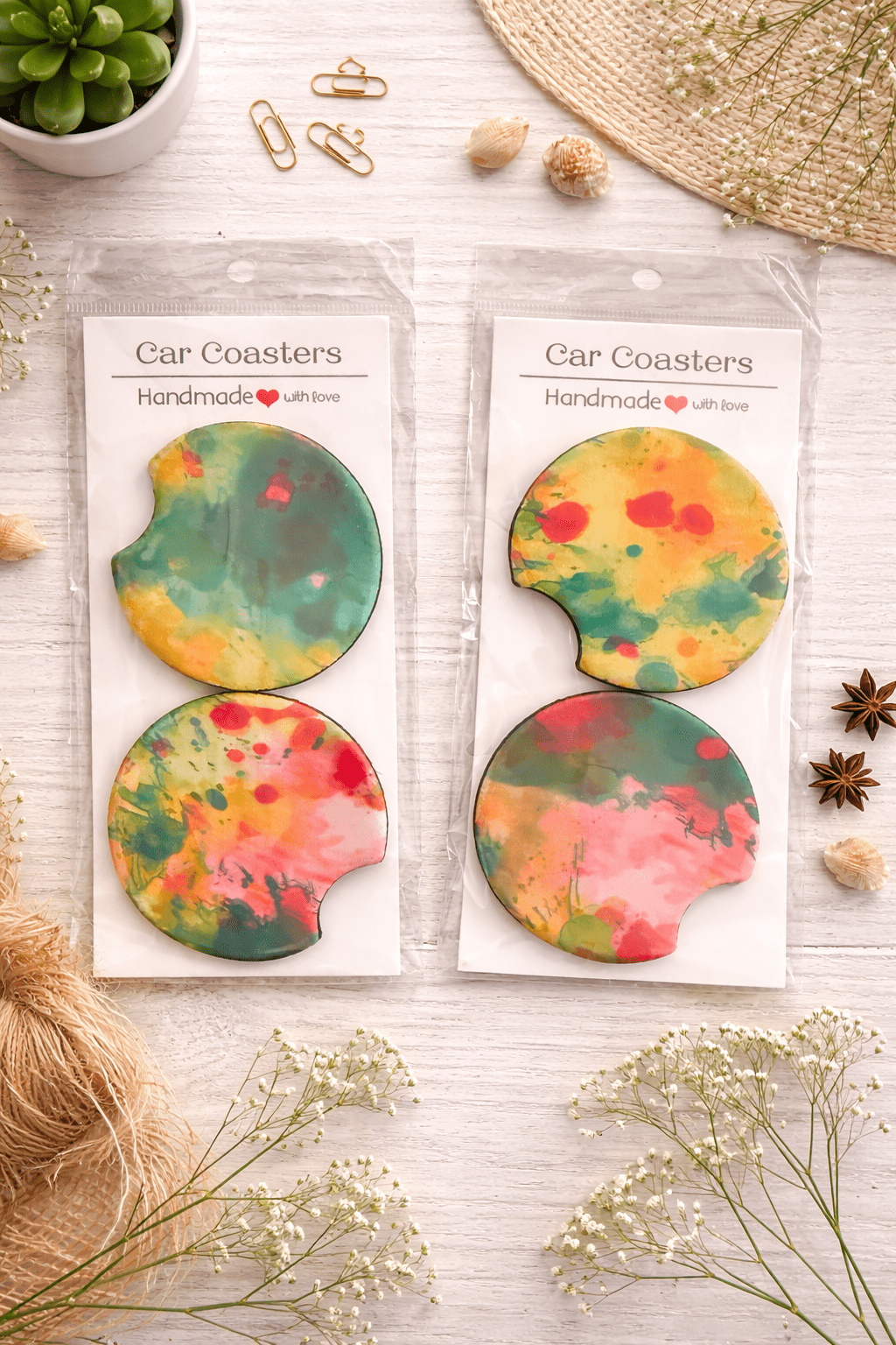Paint Splatter Car Coasters – Unique handmade set - Attire - Creations Co