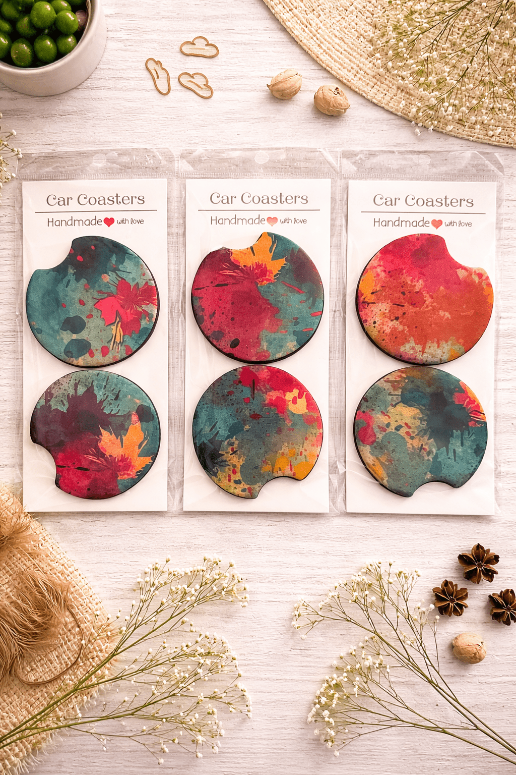 Paint Splatter Car Coasters – Unique handmade set - Attire - Creations Co