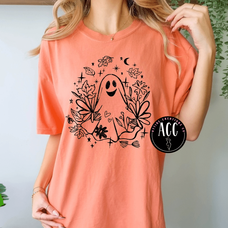 Whimsy Ghost with Flowers Halloween Shirt, Cute Spooky Fall Tee - Attire - Creations Co